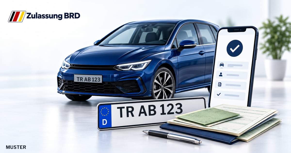 Online Fahrzeugzulassung in Konz: Musterkennzeichen TR AB 123, Auto und Fahrzeugpapiere und Smartphone. Illustration mit Logo von Zulassung BRD.